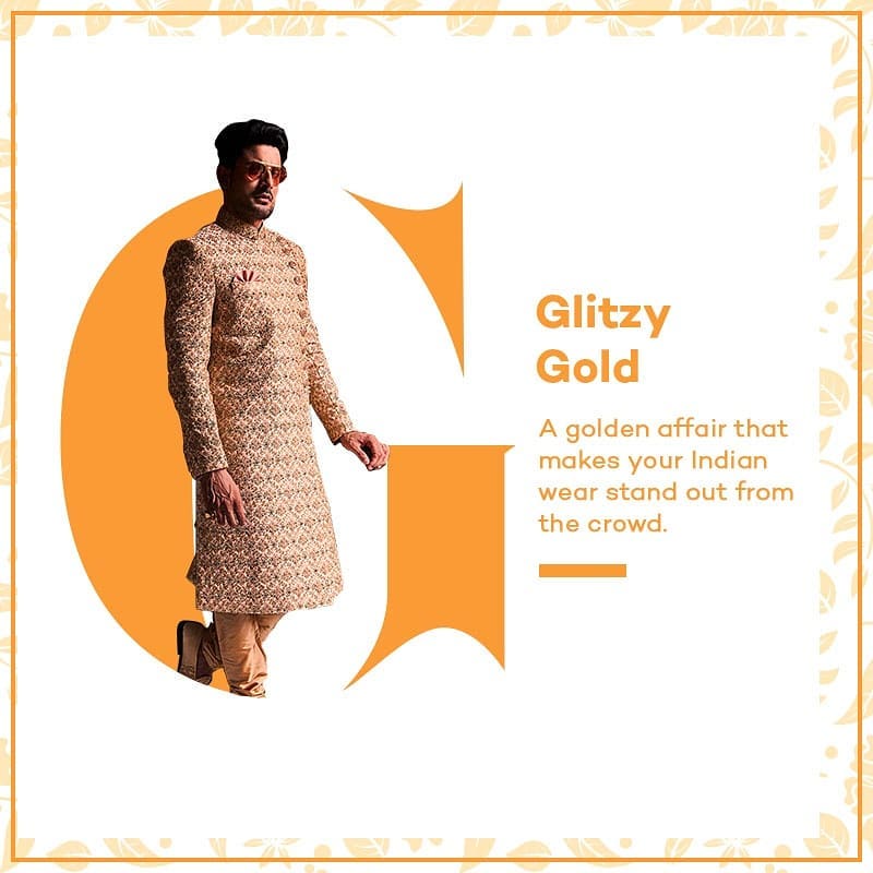 Manyavar - All that glitters is gold. Shimmer around some glitz and glam with this gold foil sherwani. Explore the collection by booking an appointment or shopping online (link in bio).

#Manyavar #In...