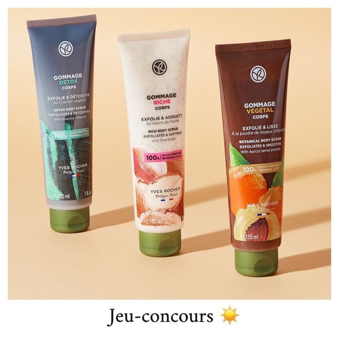 Yves Rocher France - [JEU-CONCOURS] Surpriiise ! Pour bien finir l'été et prendre soin de vous avant la rentrée, tentez votre chance pour remporter nos 3 nouveaux Gommages : Abricot, Charbon et Kar...