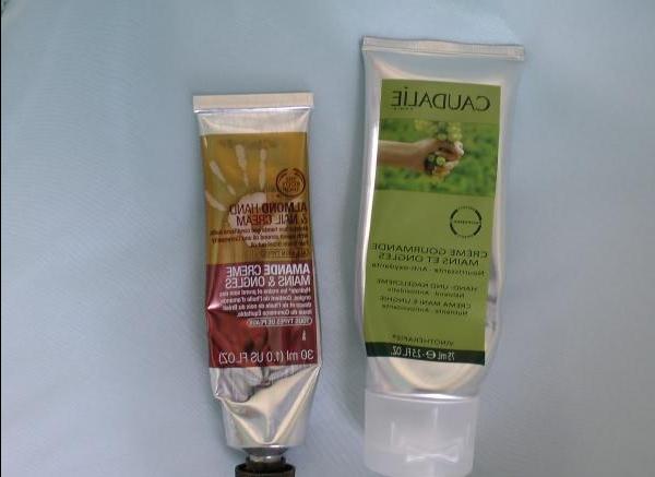 Overview of two of the hand cream from The Body Shop and Caudalie - review