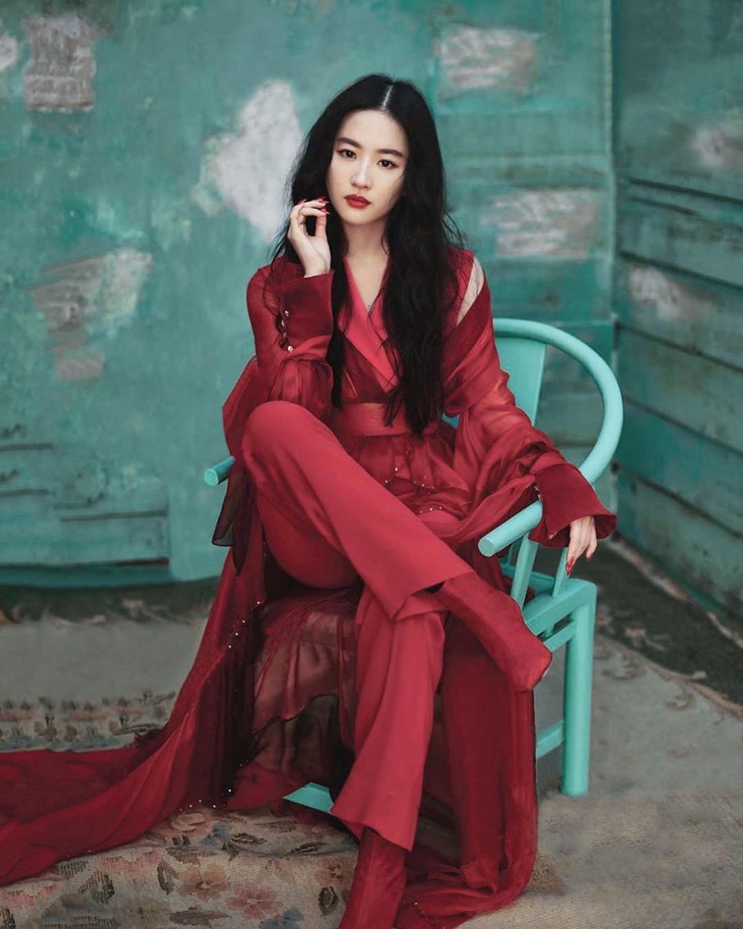 ＡＺＺＡＲＯ • maison de couture - TURQUOISE COCOON hypnotizing singer and actress Liu Yifei @yifei_cc on the cover of @oceandrivemag wearing the ombré chiffon maxi dress embroidered with crystals from the...