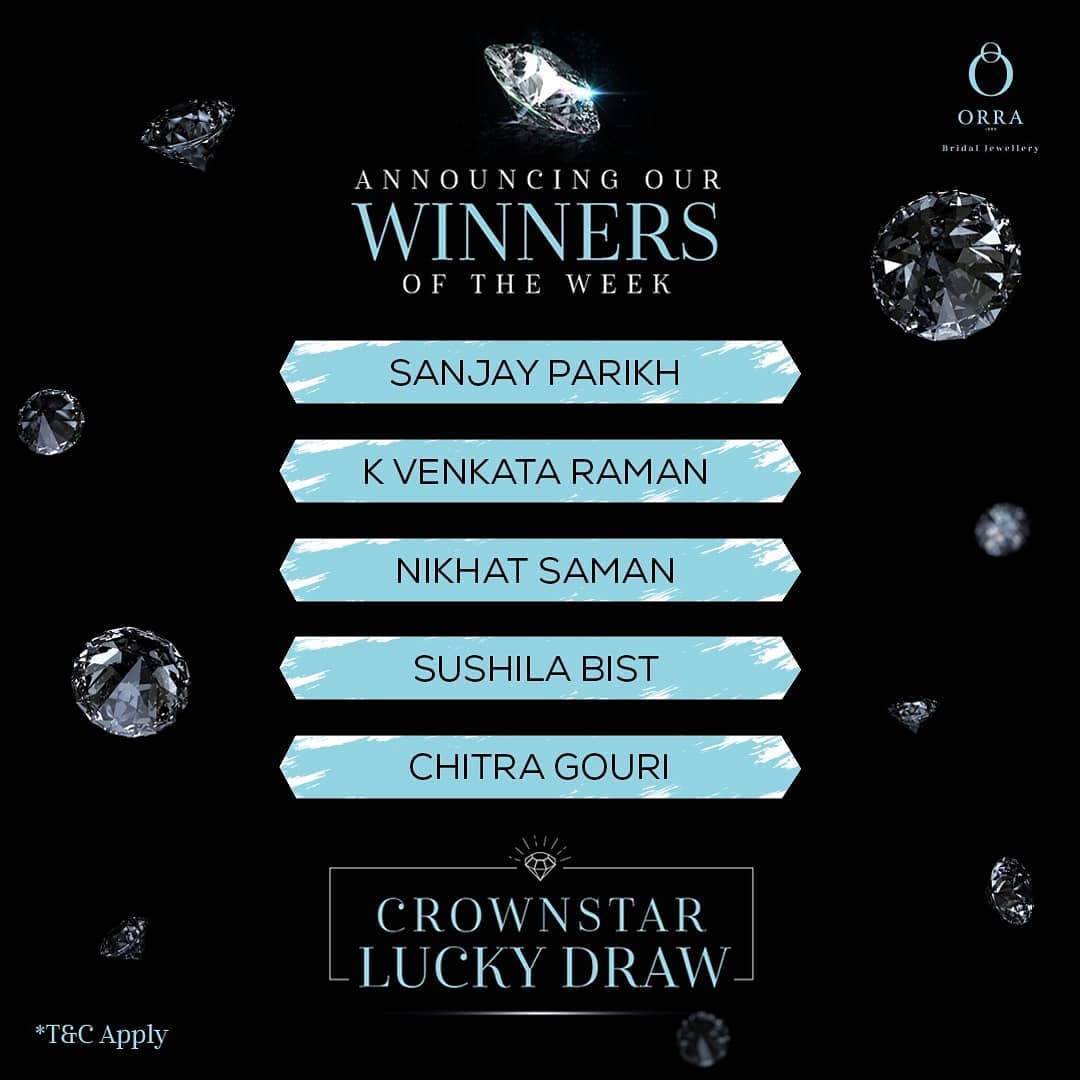 ORRA Jewellery - Announcing the final set of LUCKY DRAW SOLITAIRE winners who have won an ORRA CROWN STAR SOLITAIRE DIAMOND!
Congratulations to all the lucky ones! Time to tag and let your loved ones...