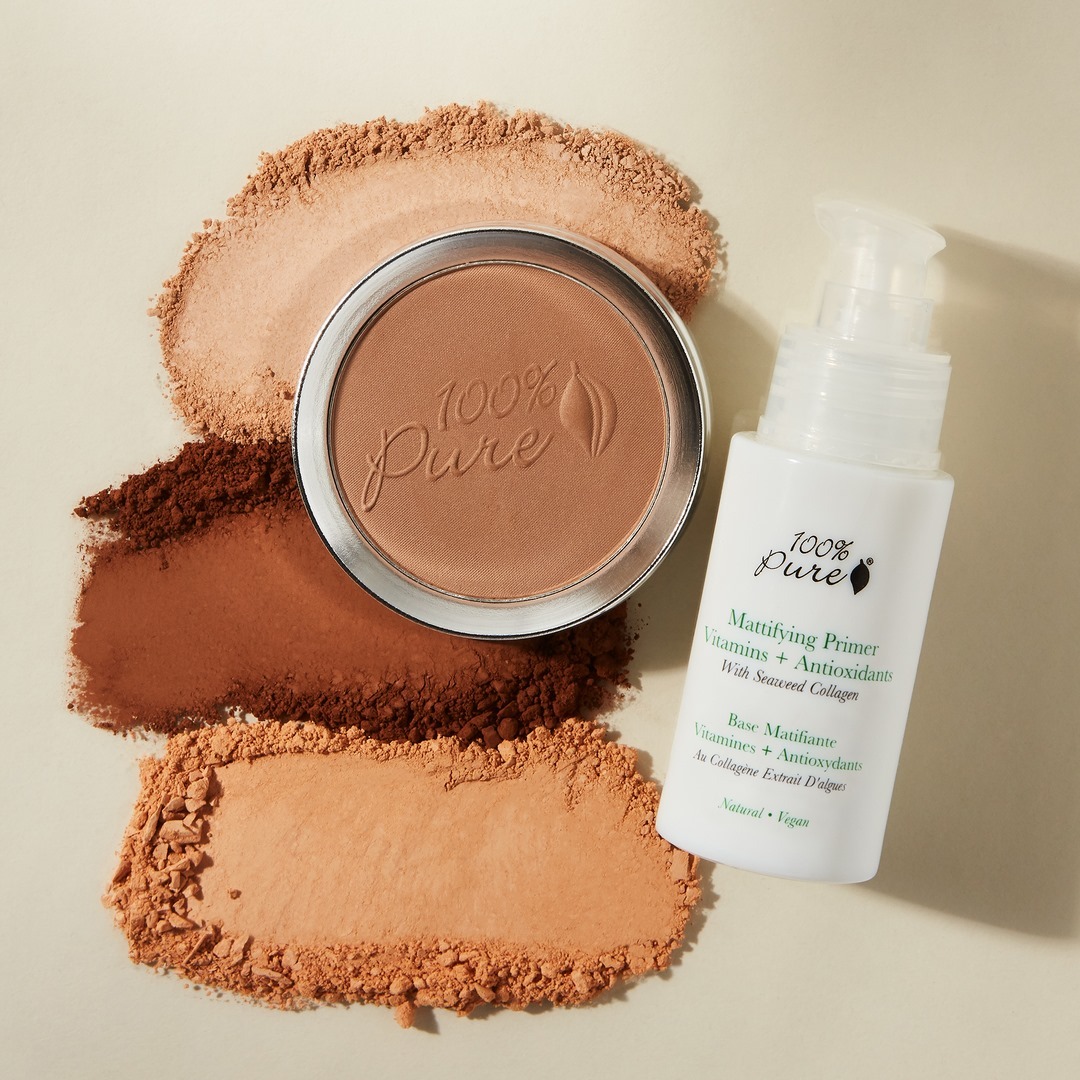 100% PURE - Introducing summer's hottest 🔥"it couple" yet...our Mattifying Primer + Powder Foundation. This dreamy duo delivers matte, velvety soft skin for all of your end-of-summer ☀️ #cleanmakeup n...