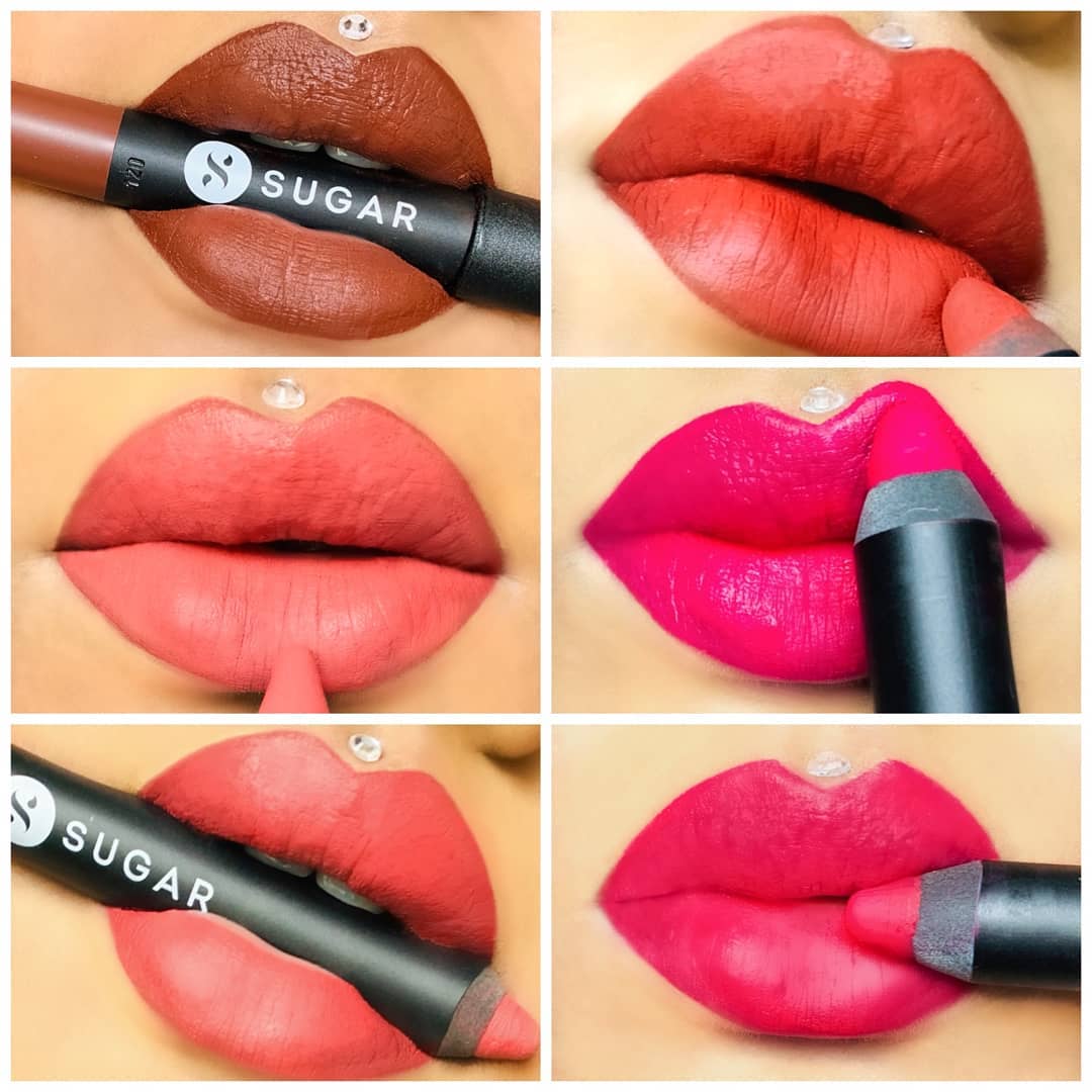 SUGAR Cosmetics - It’s clear that Lips Love SUGAR. 😋
In frame: @muafarhin_

Swatches of:
Matte As Hell Crayon Lipstick 26 Vianne Rocher, 27 Sunny Randall, 28 Honey Rider, 29 Molly Brown, 30 Lillian Ro...