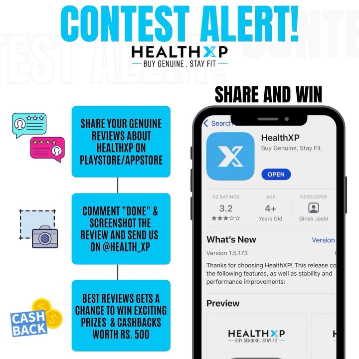 HealthXP® - CONTEST ALERT🚨
.
3 simple steps👇🏻
1. Share your genuine reviews about healthxp on playstore / appstore
2. Comment “done” on this post
3. Screenshot the review and send us on @health_xp
.
5...