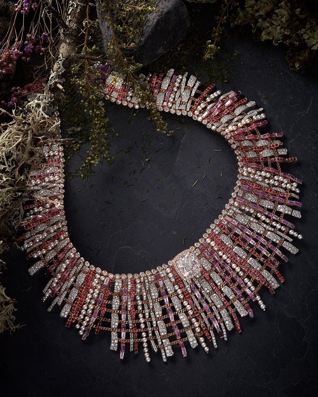 CHANEL - The centerpiece of the new CHANEL High Jewelry collection, the TWEED COUTURE necklace evokes the weaving of precious tweeds from #MaisonLesage. Rose gold chains intertwine like threads around...