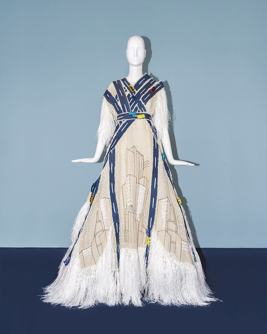 Salvatore Ferragamo - Building upon the theme of innovation, London-based label Hoh Pabissi displays ‘Highway’, a creation made from organic cotton, biodegradable fringe and linen thread embroidery th...