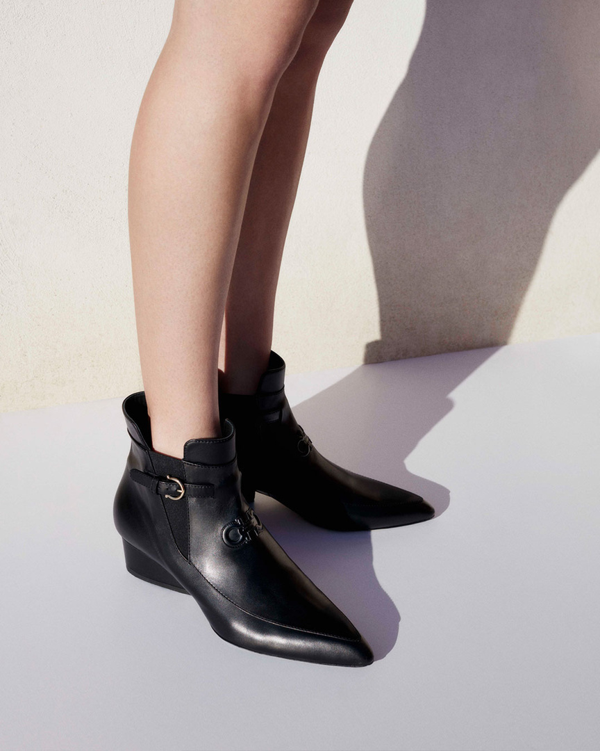 Salvatore Ferragamo - A fiercely pointed Chelsea boot emerges from the Pre-Fall 2020 collection, with an alta frequenza moulded Gancini leather detail. #FerragamoPF20