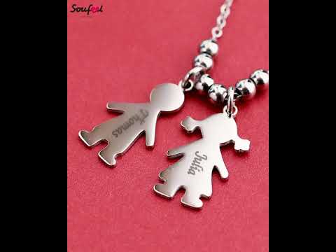 Engraved Necklace, Children Charms Necklace Mom Jewelry Platinum Plated - Silver