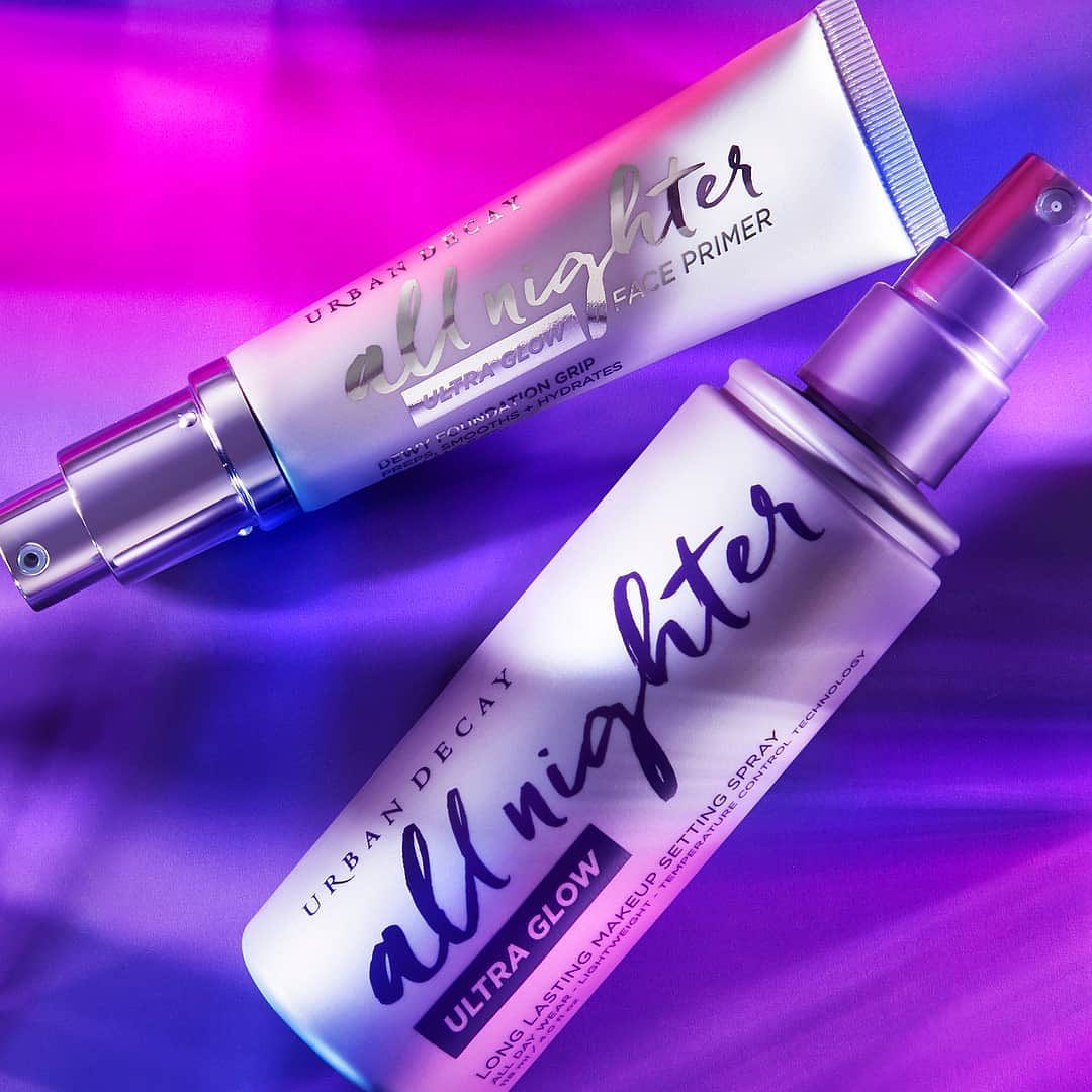 Urban Decay Cosmetics - NOW AVAILABLE in the UK at @CultBeauty! The all-new All Nighter Ultra Glow Setting Spray and all-new All Nighter Ultra Glow Face Primer keep your skin glowin' all day with a hi...