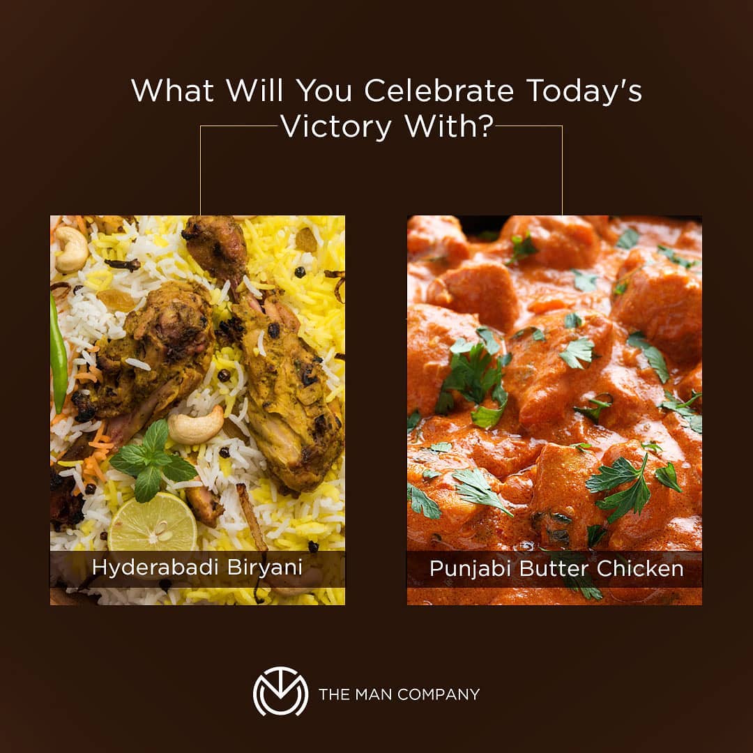 The Man Company - The pitch is ready and the game is on. Are you going to celebrate with a plateful of Hyderabadi Biryani or some good Punjabi Butter Chicken? 

Who are you cheering for?

#themancompa...