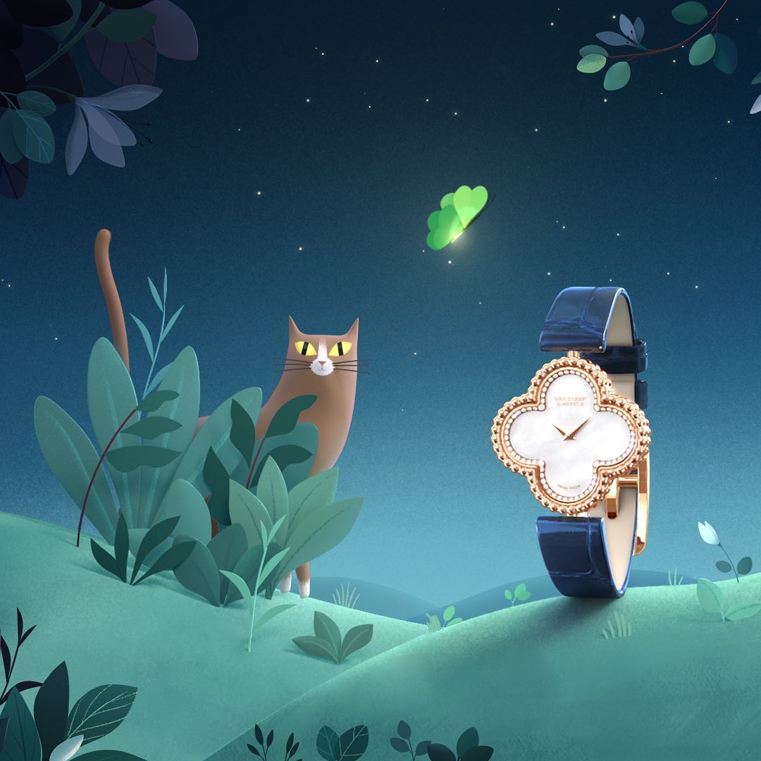 Van Cleef & Arpels - Hidden behind the shrubs, the cat observes the precious details of the Sweet Alhambra rose gold watch. 
#VCAalhambra #VanCleefArpels