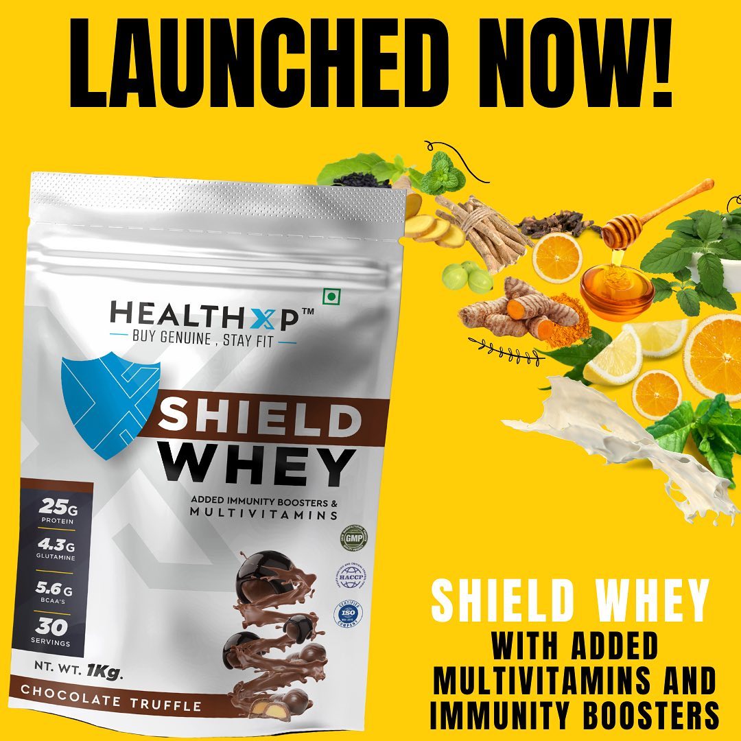 HealthXP® - Shield whey is one of its kind of whey protein blend giving an upper edge with added benefits. It is enriched with multivitamins also concentrating more on vitamin k and vitamin c for bett...