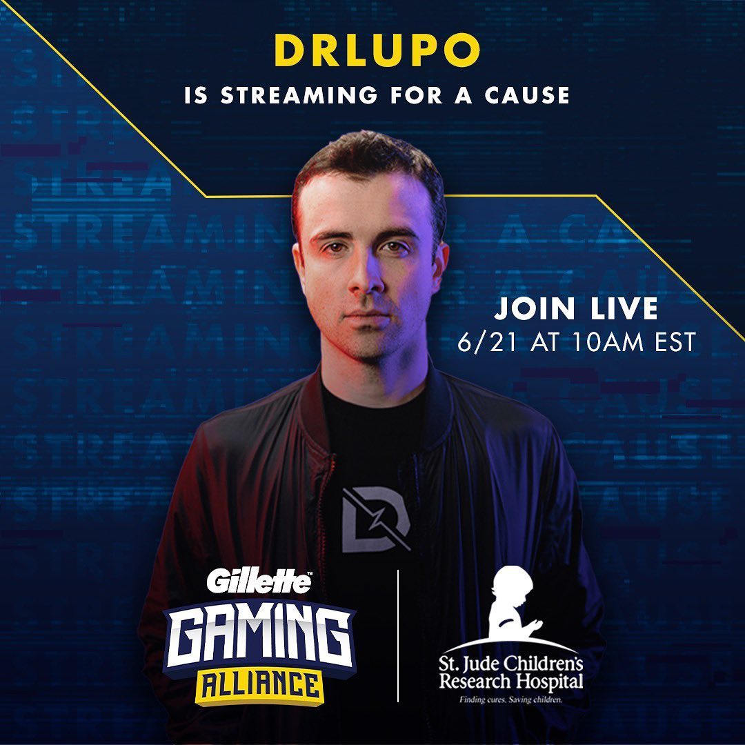 Gillette - @DrLupo is going live to benefit @StJude. Join in to help him raise money for a great cause on 6/21 at 10AM EST. Link to join in bio.