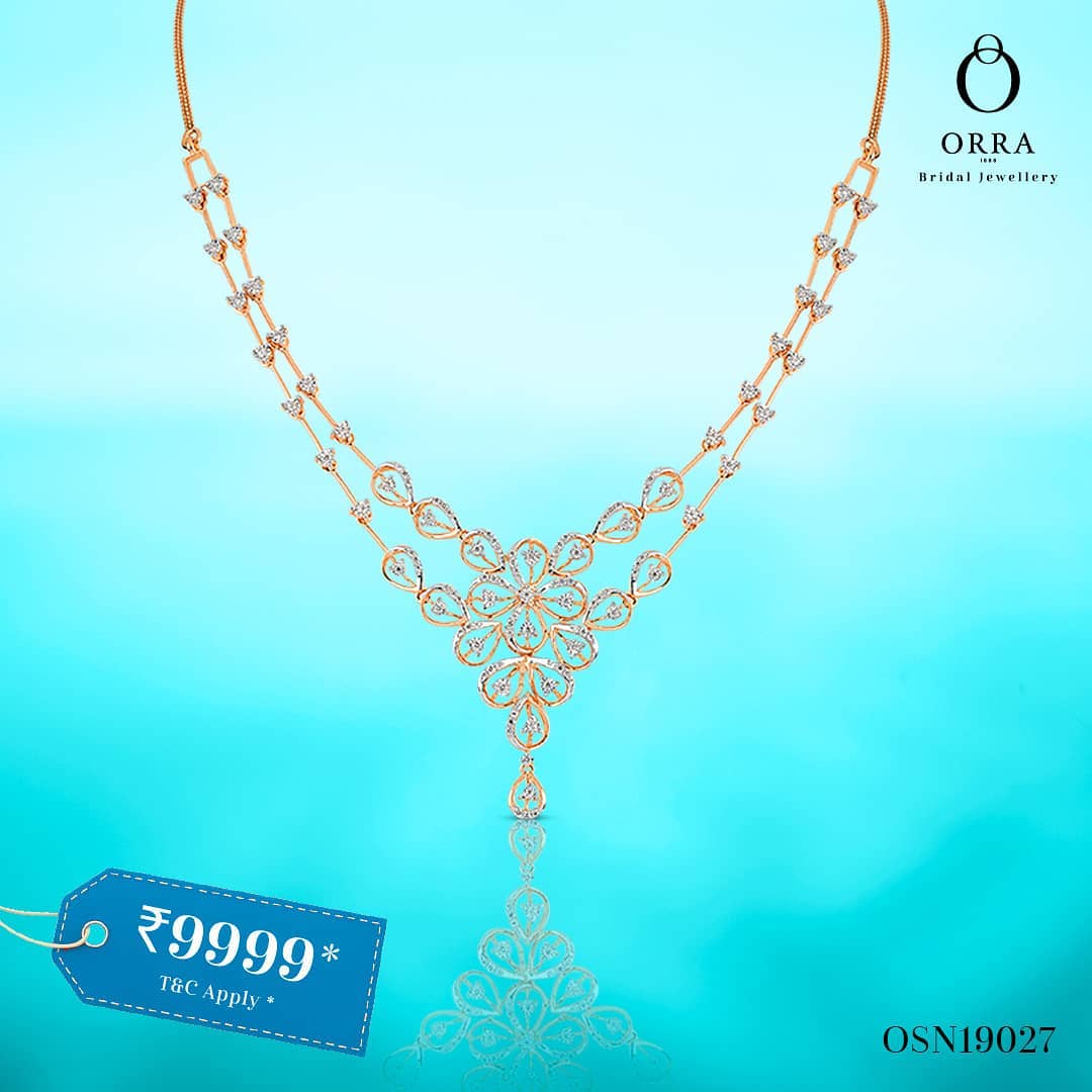 ORRA Jewellery - A romance of delicate diamonds connected by thin chain of gold gives way to this enchanting necklace.

Shop this design with our "Buy Now Pay Later" offer. Pay Rs. 9999 now and the re...