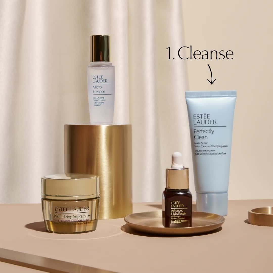 Estée Lauder - ✨These mini #EsteeEssentials are the perfect size to try out a new skincare routine! Watch now, steps below & tap to shop! 🌟 
1. CLEANSE: Perfectly Clean Multi-Action Foam Cleanser/Puri...