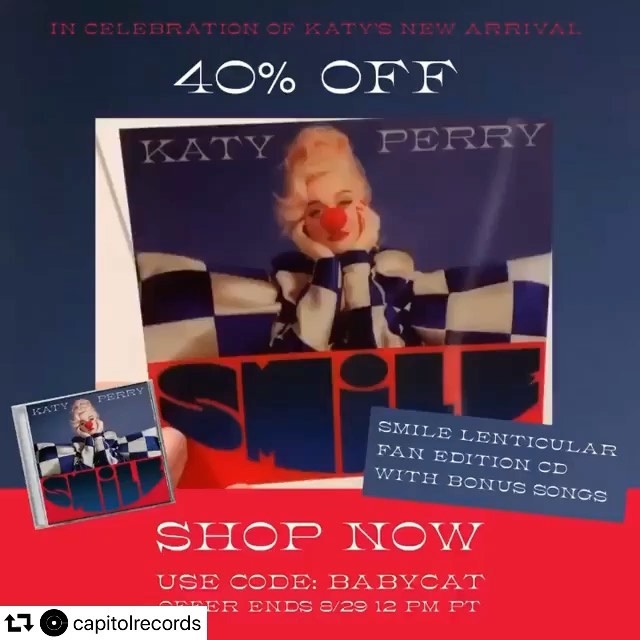 KATY PERRY - @capitolrecords 🚨 LIMITED TIME OFFER 🚨⁣
To celebrate @katyperry’s new⁣
arrival, we’re giving you 40% off the #Smile Fan Edition CD, which includes a lenticular cover and 4 bonus songs! Us...