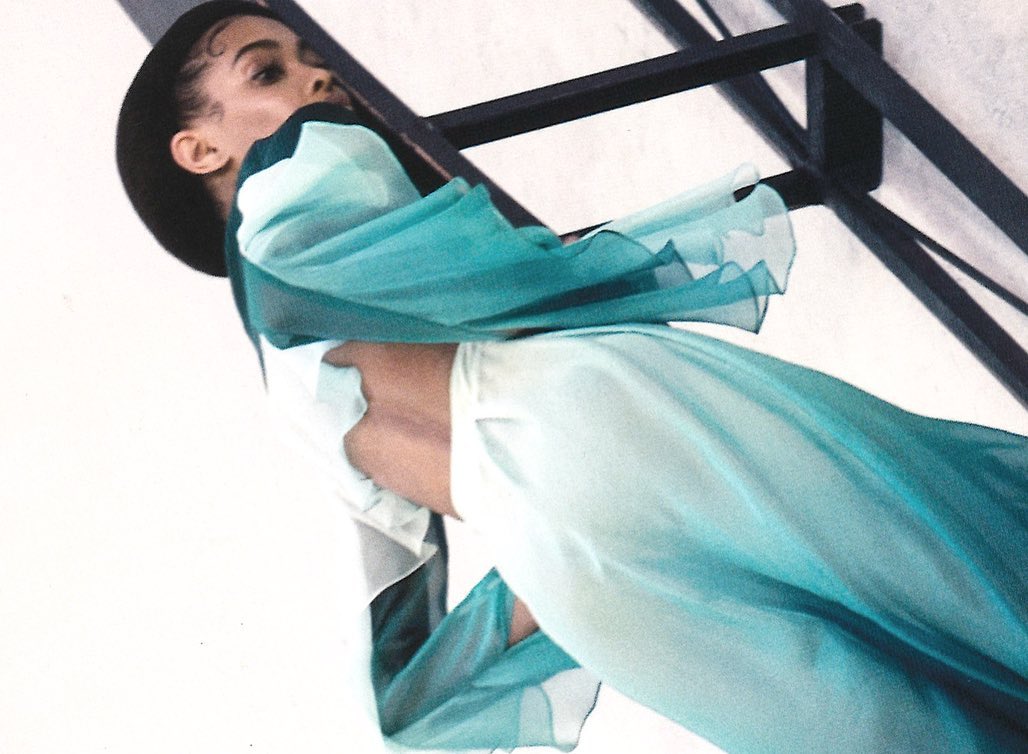 ＡＺＺＡＲＯ • maison de couture - TURQUOISE COCOON  dazzling @samile in @numeromagazine wearing the chiffon shirt dress in ombré turquoise with pagoda sleeves from the Azzaro Ateliers Summer collection thr...