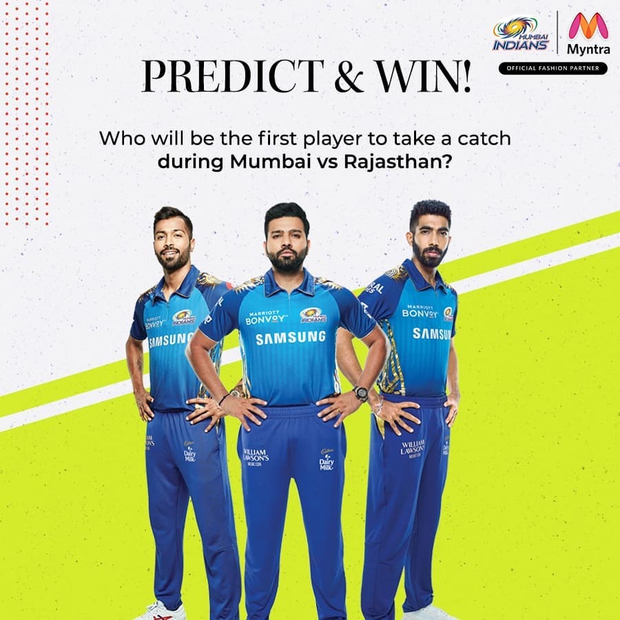 MYNTRA - #MyntraPredictGame Who will take the first catch in today’s match? Abhi predict karo our jeto! 

Answer using #MyntraPredictGame (before match starts!)

1 lucky contestant gets #Myntra Gift V...