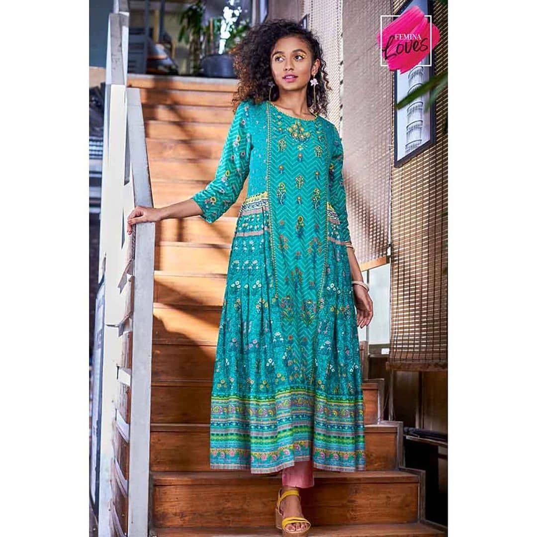 Lifestyle Stores - Reposted from @feminaindia From Sunday brunch to a relaxed day at work, this printed aqua green, flared kurta can be your go-to outfit for both. Style it with some chunky heels, min...