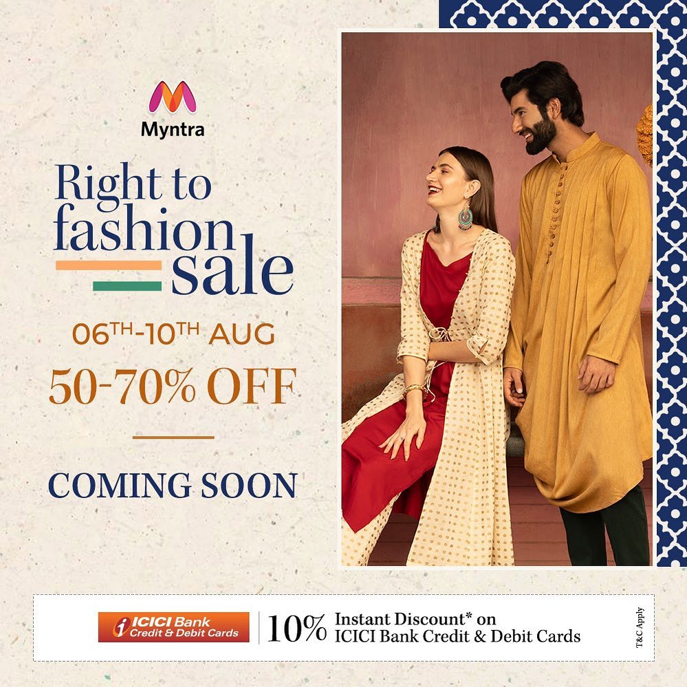 MYNTRA - Hang in there as the sale you’d been waiting for is coming soon – the Myntra Right To Fashion Sale – from 6th to 10th August – brings 50% to 70% off on all your favourite fashion brands! Star...