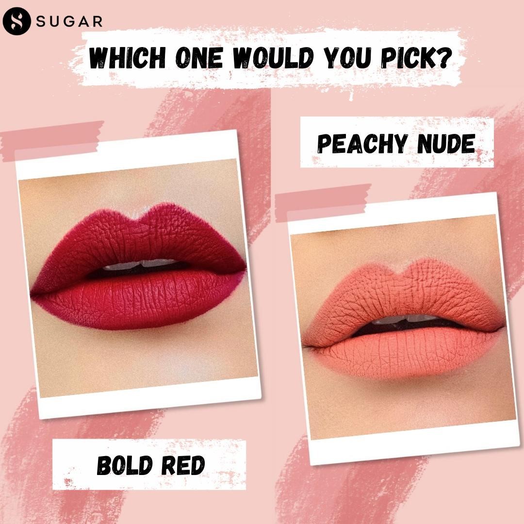 SUGAR Cosmetics - Which one will it be, Bold Red or Peachy Nude? Tell us in the comment section below. ⁠
In frame: @truefashionholic⁠
.⁠
.⁠
💥 Visit the link in bio to shop now.⁠
.⁠
.⁠
#TrySUGAR #SUGAR...