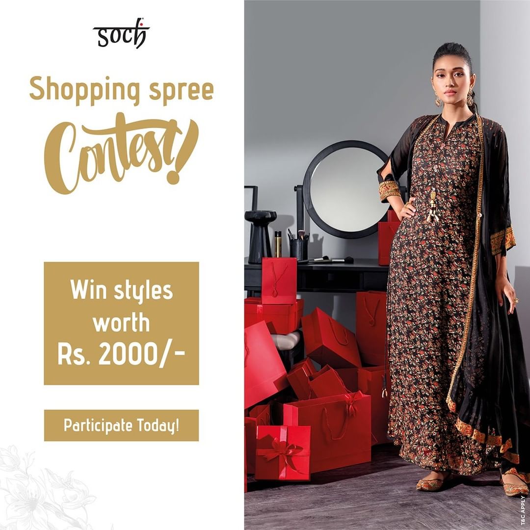 Soch - Time for the #SochshoppingspreeContest!

Flaunt the most number of Soch shopping bags and stand a chance to win styles worth Rs. 2000/- 

PS : More you have shopped at the Red Dot Sale, more th...