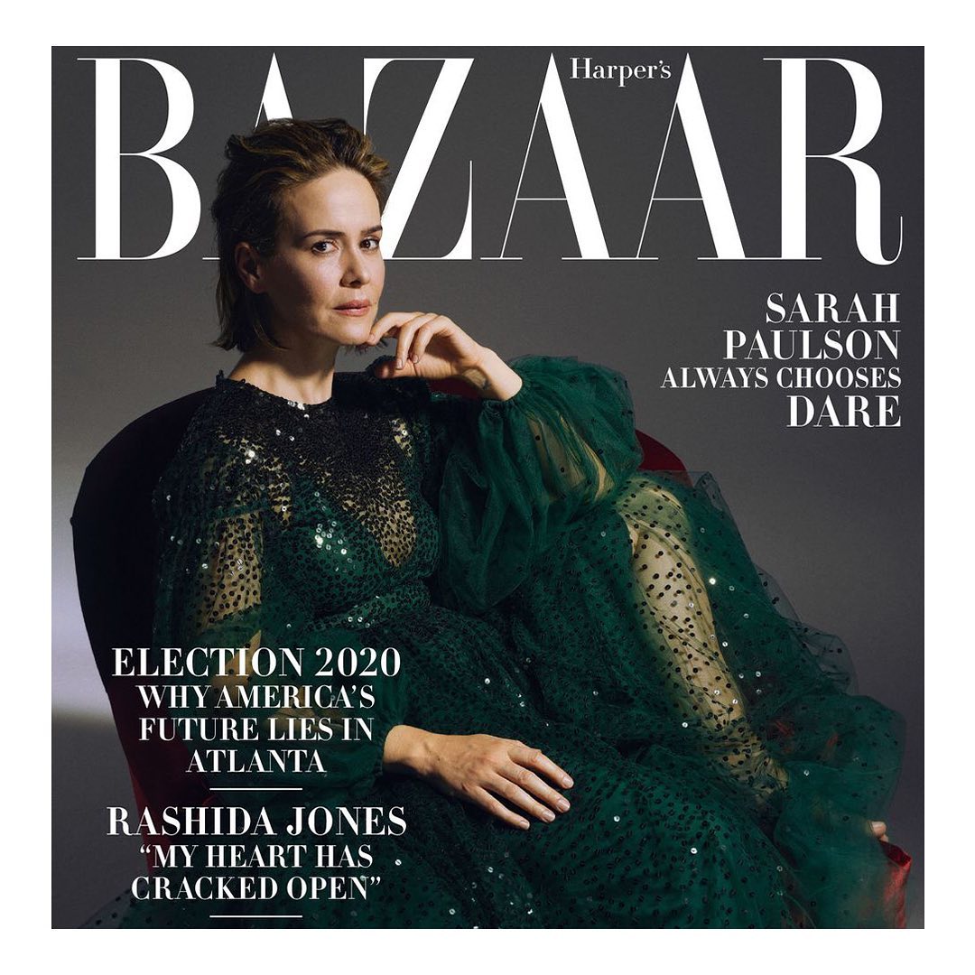 Valentino - For the October cover of @HarpersBazaarUS, @mssarahcatharinepaulson was photographed by @samtaylorjohnson in a green tulle and sequin Valentino dress.
#ValentinoNewsstand