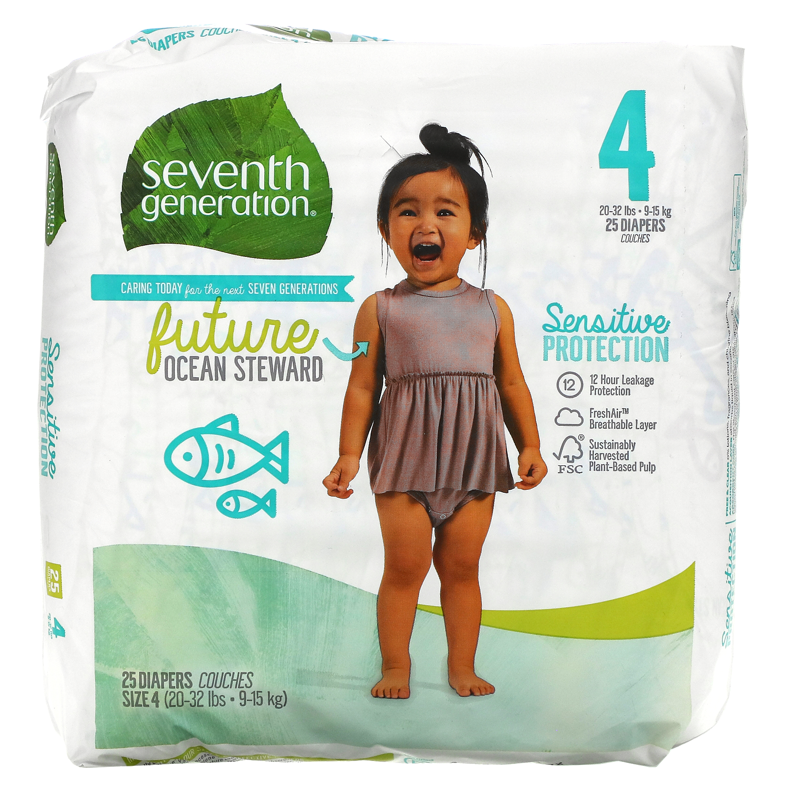 Seventh Generation, Sensitive Protection Diapers, Size 4, 20- 32 lbs, 25 Diapers