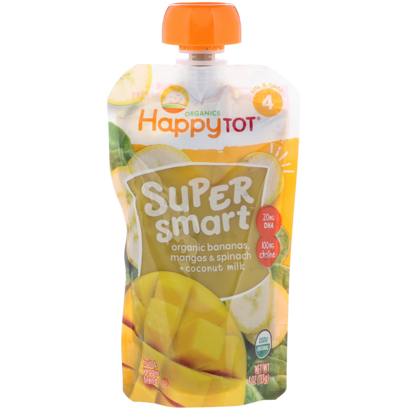 Happy Family Organics, Happy Tot, Super Smart, Fruit &amp; Veggie Blend, Stage 4, Organic Bananas, Mangos &amp; Spinach + Coconut Milk, 4 oz (113 g)