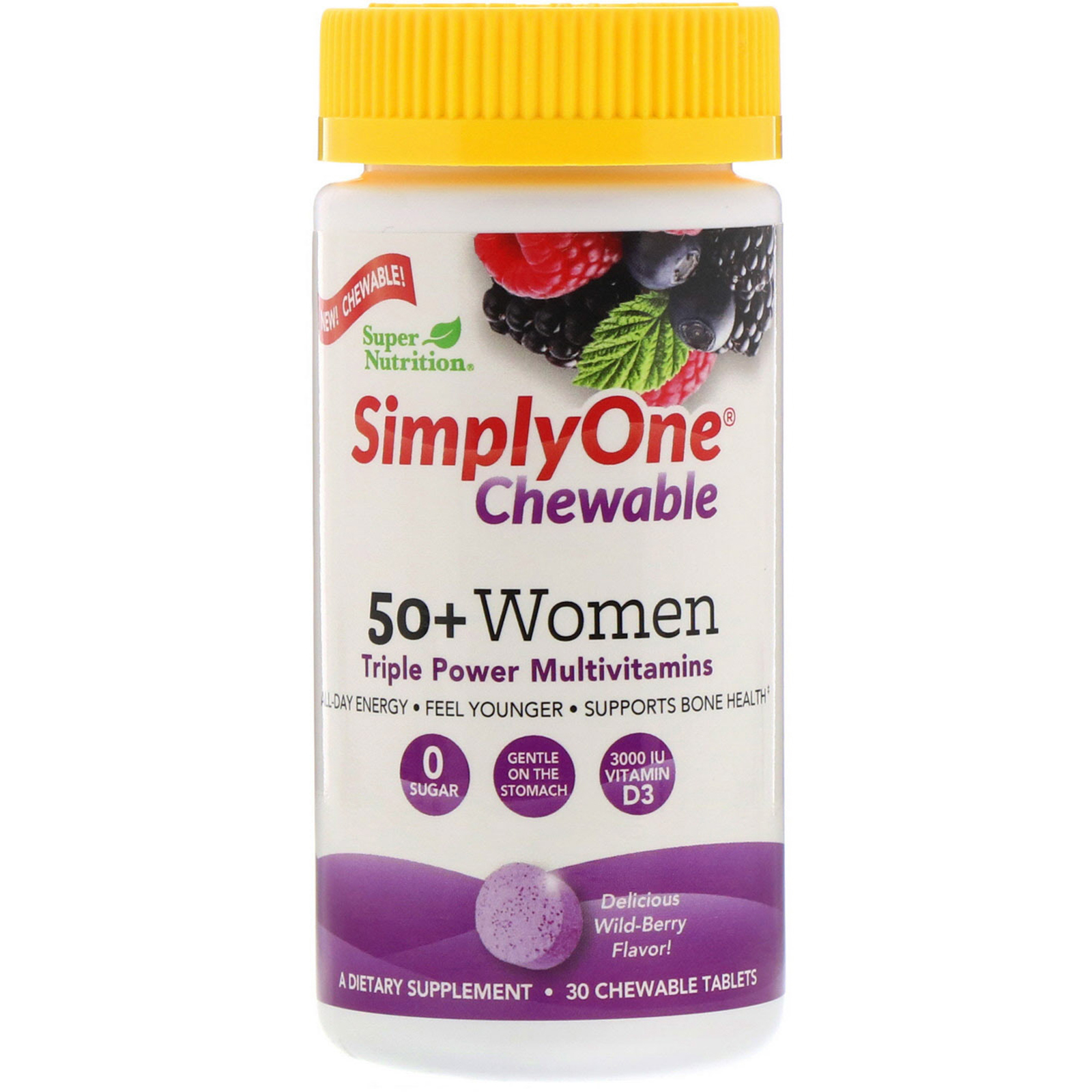 Super Nutrition, SimplyOne, жевательная мультивитаминная добавка тройного действия для женщин старше 50 лет, вкус лесных ягод, 30 жевательных таблеток