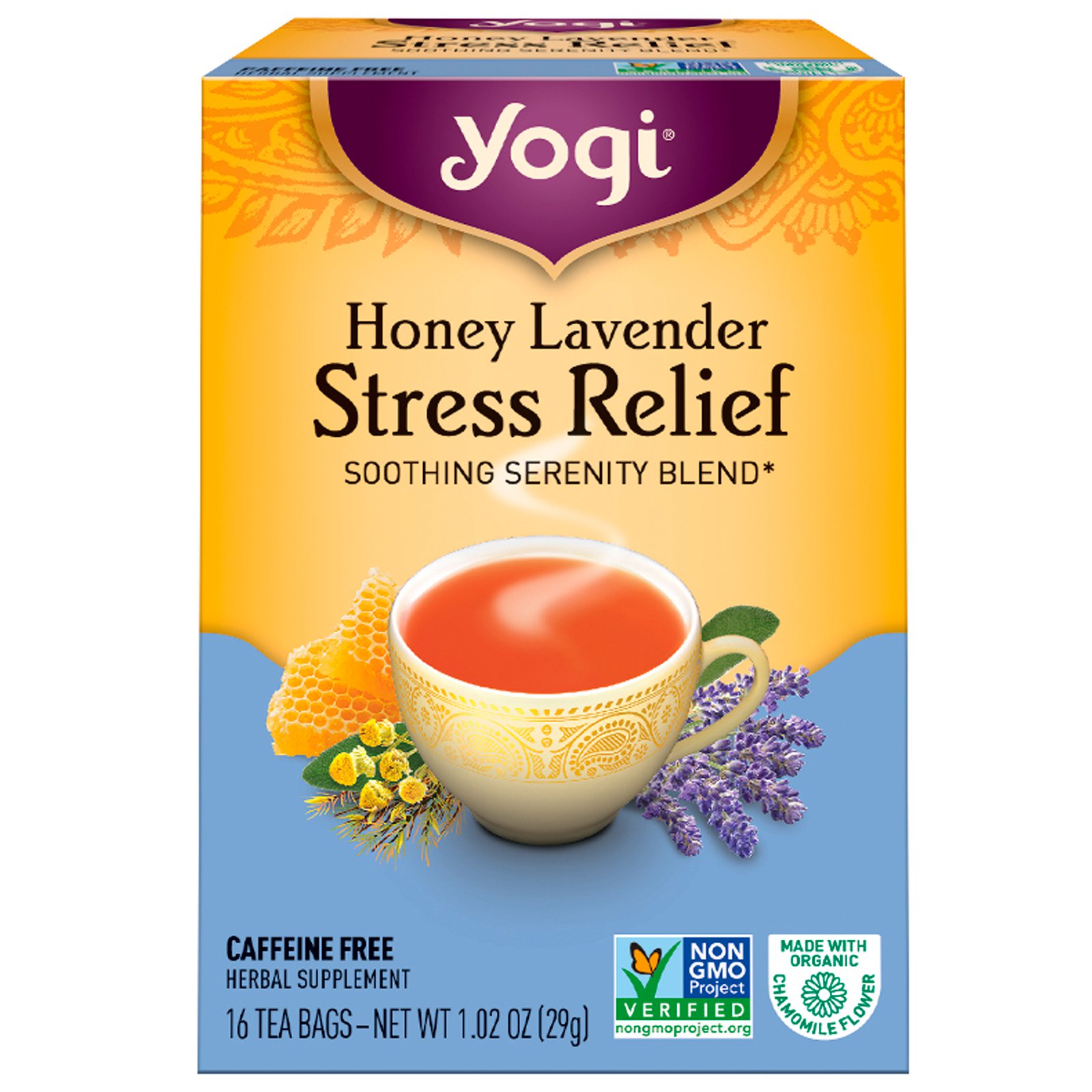 Yogi Tea, Органический, медовая лаванда, избавление от стресса, без кофеина, 16 чайных пакетиков, 1,02 унц. (29 г)