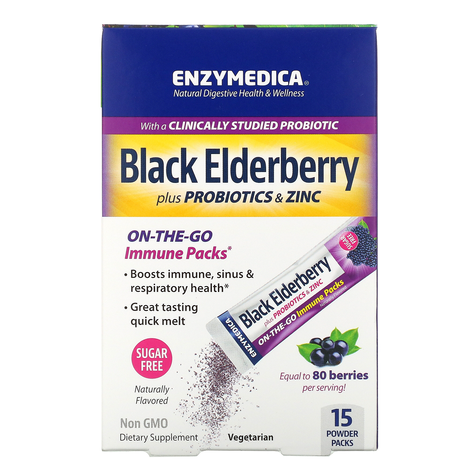Enzymedica, Black Elderberry plus Probiotics &amp; Zinc, Naturally Flavored, 15 Powder Packs