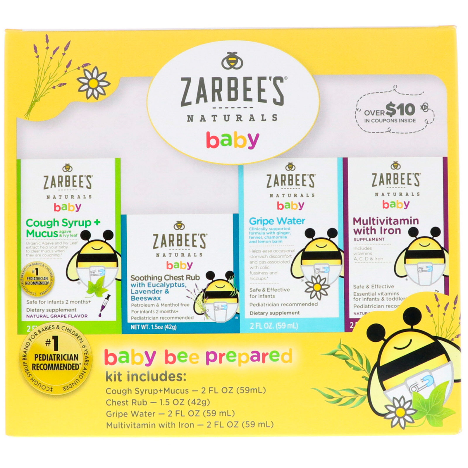 Zarbee's, Натуральный продукт, набор от маленькой пчелки, включая сироп от кашля + мокроты, успокаивающая мазь для груди, укропная вода, мультивитамины с железом, 7,5 ж. унц.