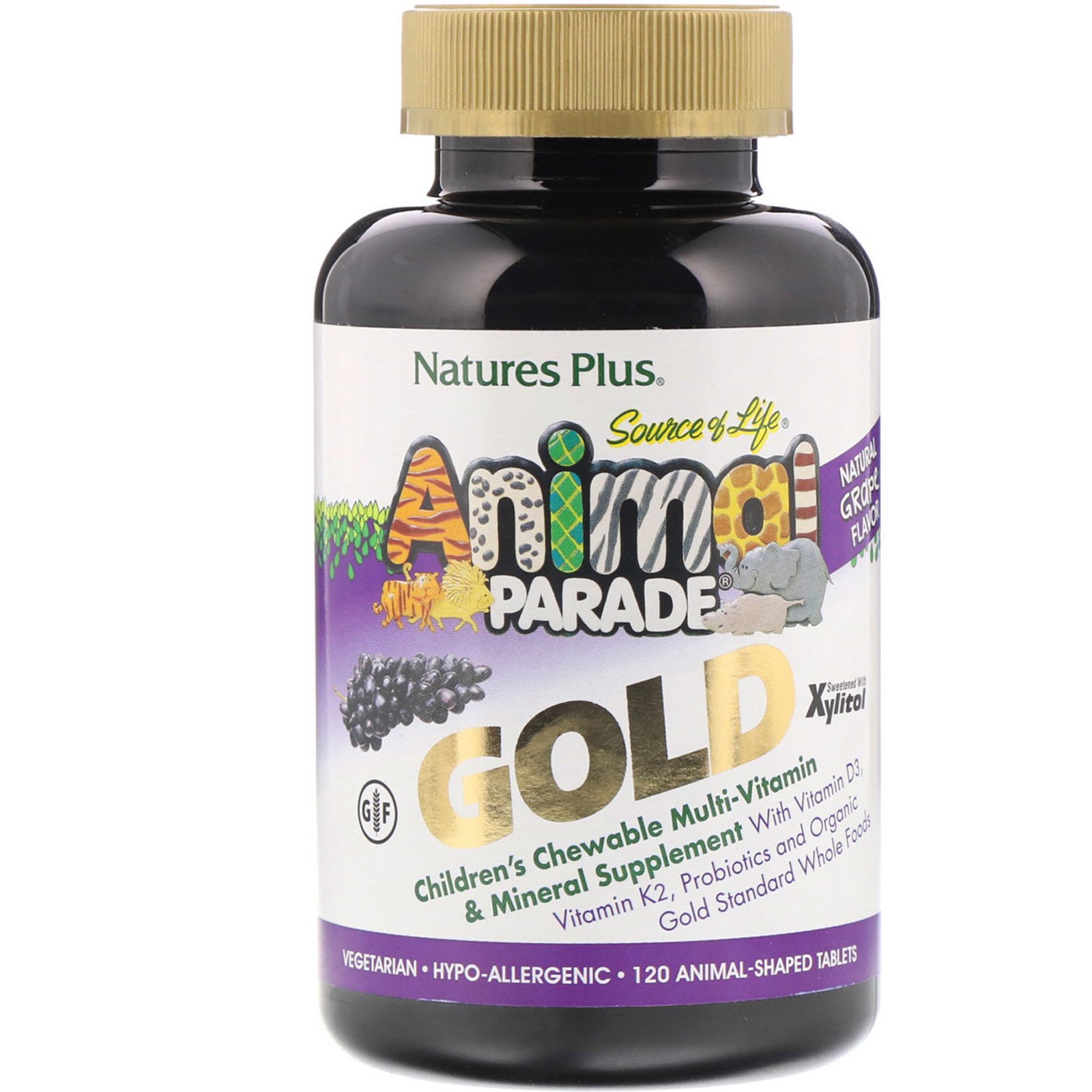 Nature's Plus, Source of Life Animal Parade Gold, жевательные мультивитамины и минеральные добавки для детей, натуральный виноградный вкус, 120 таблеток в форме животных