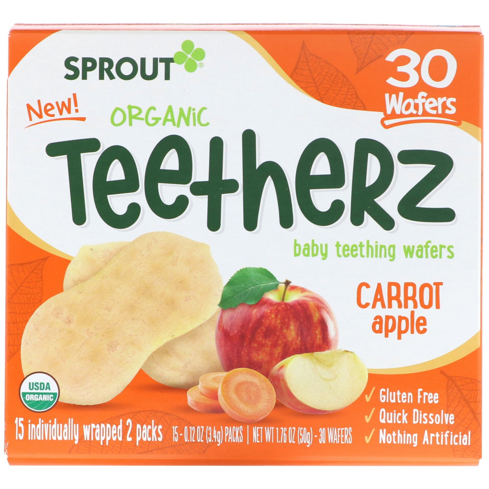 Sprout Organic, Teetherz, вафли для прорезывания зубов у малышей, морковь и яблоко, 30&amp;nbsp;шт.
