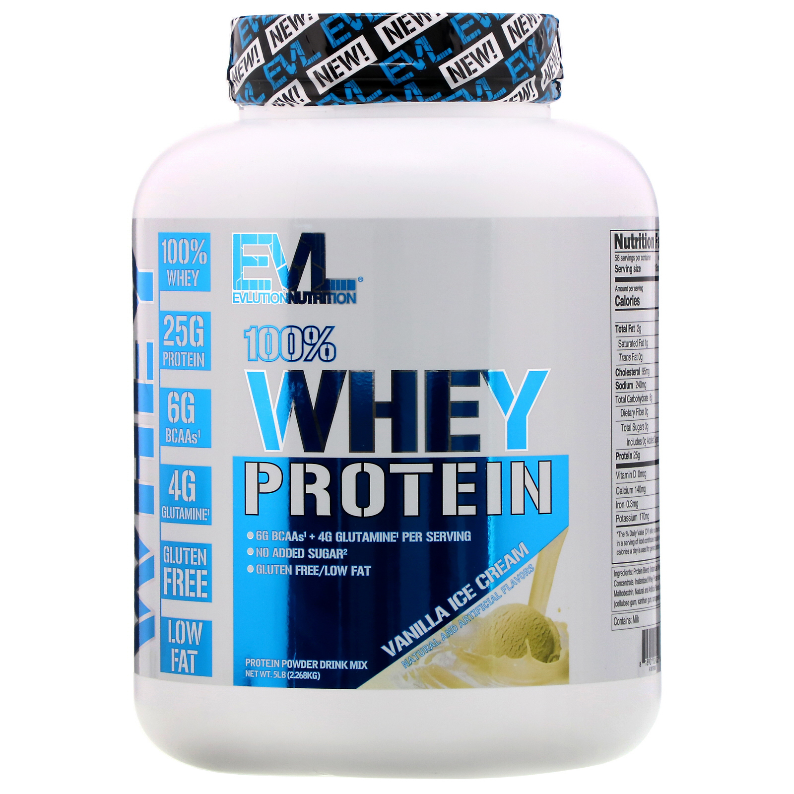 EVLution Nutrition, 100% сывороточного протеина, ванильное мороженое, 2,268 кг (5 фунтов)