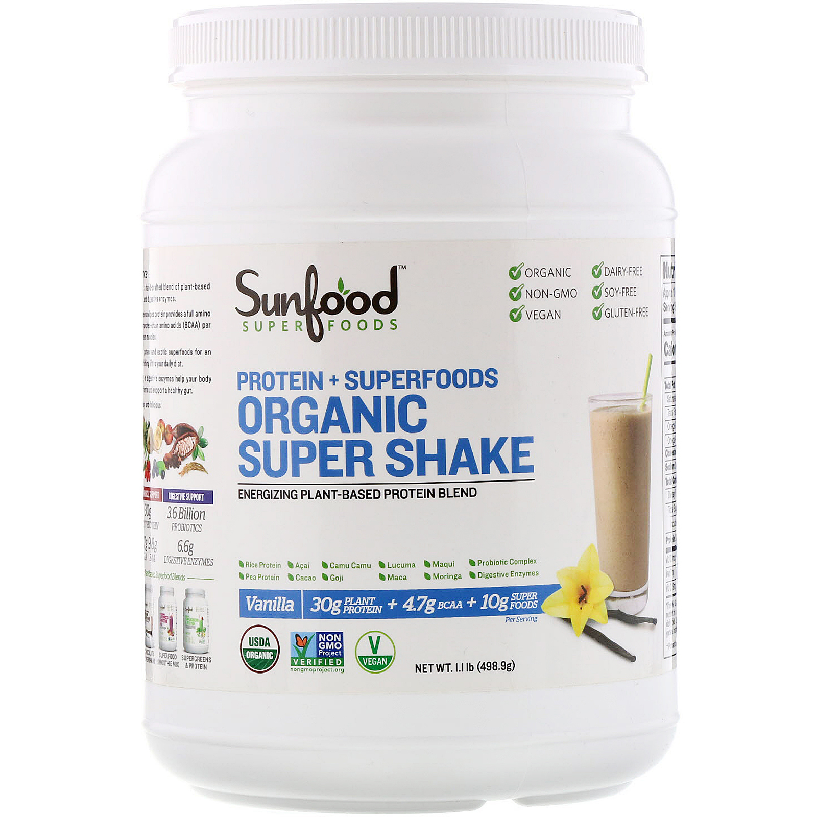 Sunfood, Protein + Superfoods, Organic Super Shake, Vanilla, 1.1 lb (498.9 g)
