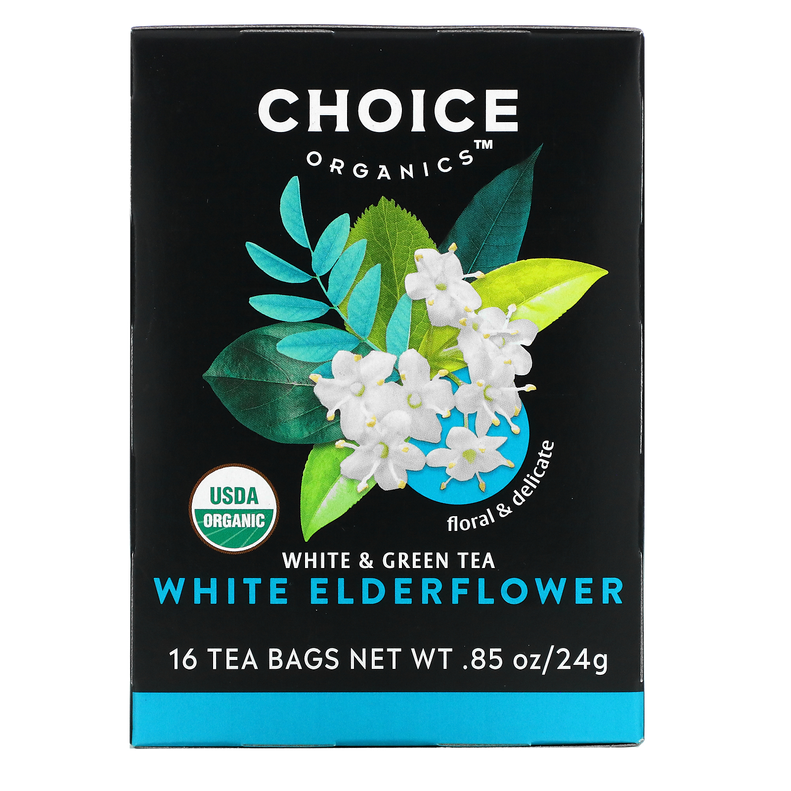 Choice Organic Teas, White &amp; Green Tea White Elderflower, 16 Tea Bags, 0.85 oz (24 g) Each