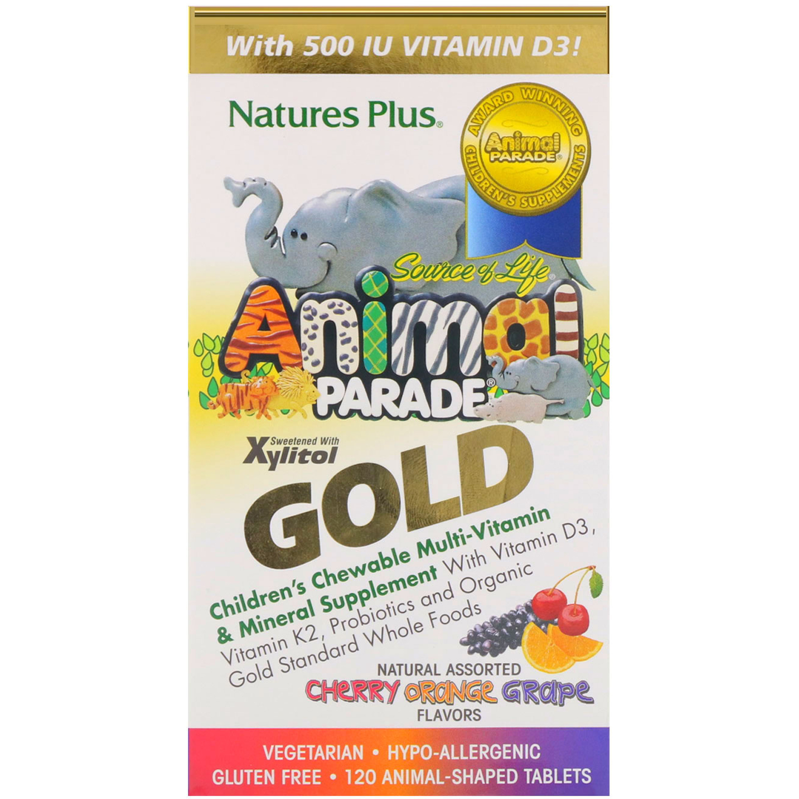 Nature's Plus, Парад зверей Gold от Source of Life, мультивитаминная жевательная добавка для детей с минералами, ассорти из натуральных ароматизаторов, 120 таблеток в форме животных
