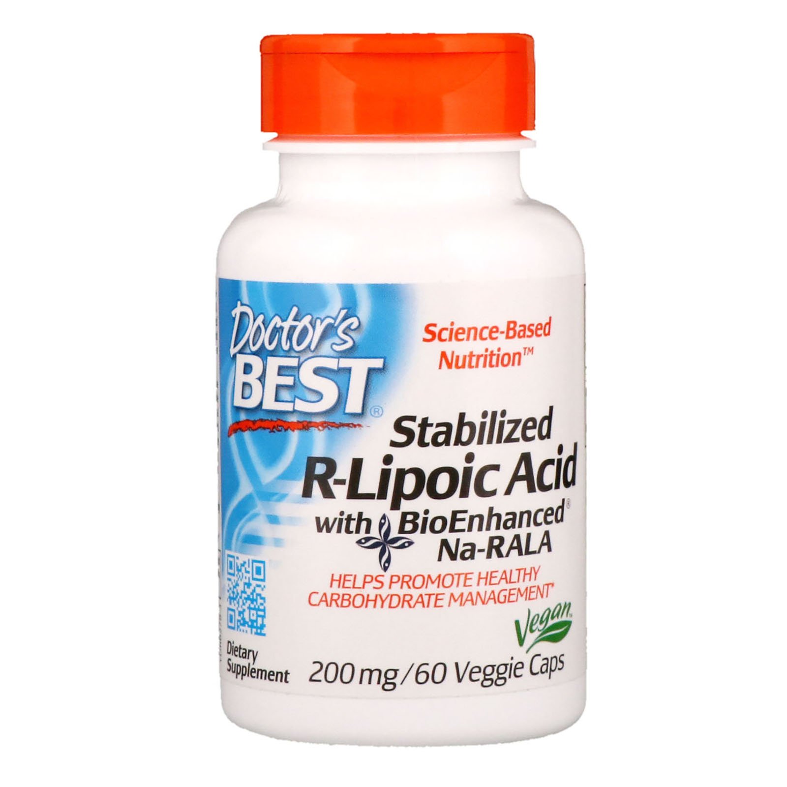 Doctor's Best, Стабилизированная R-липоевая кислота с биоусиленной Na-RALA, 200 мг, 60 вегетарианских капсул