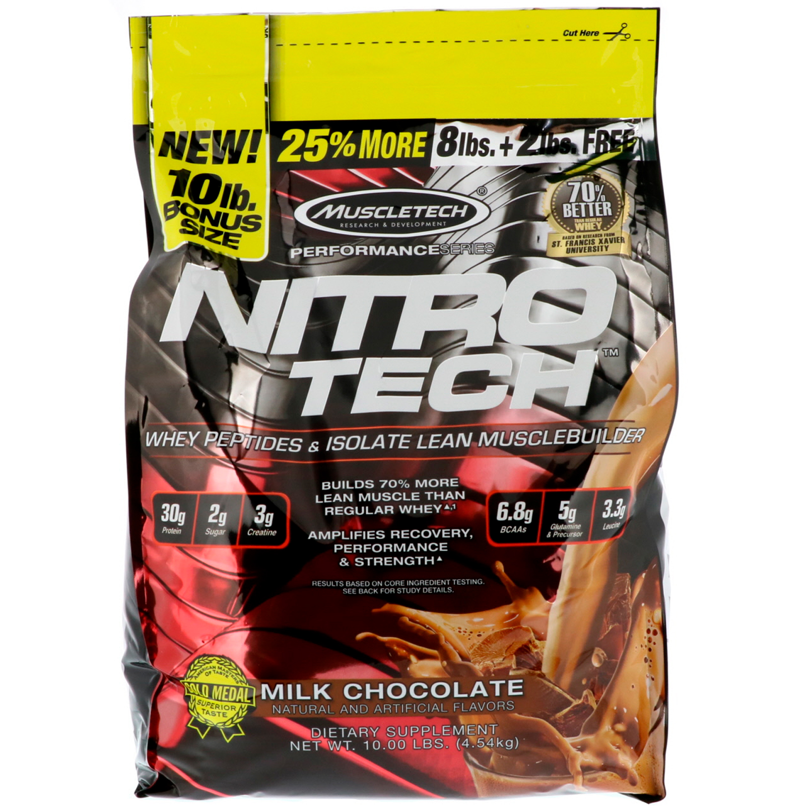 Muscletech, Nitro Tech, Whey Peptides &amp; Isolate Lean Musclebuilder Whey Protein Powder, Milk Chocolate, 10 lbs (4.54 kg)