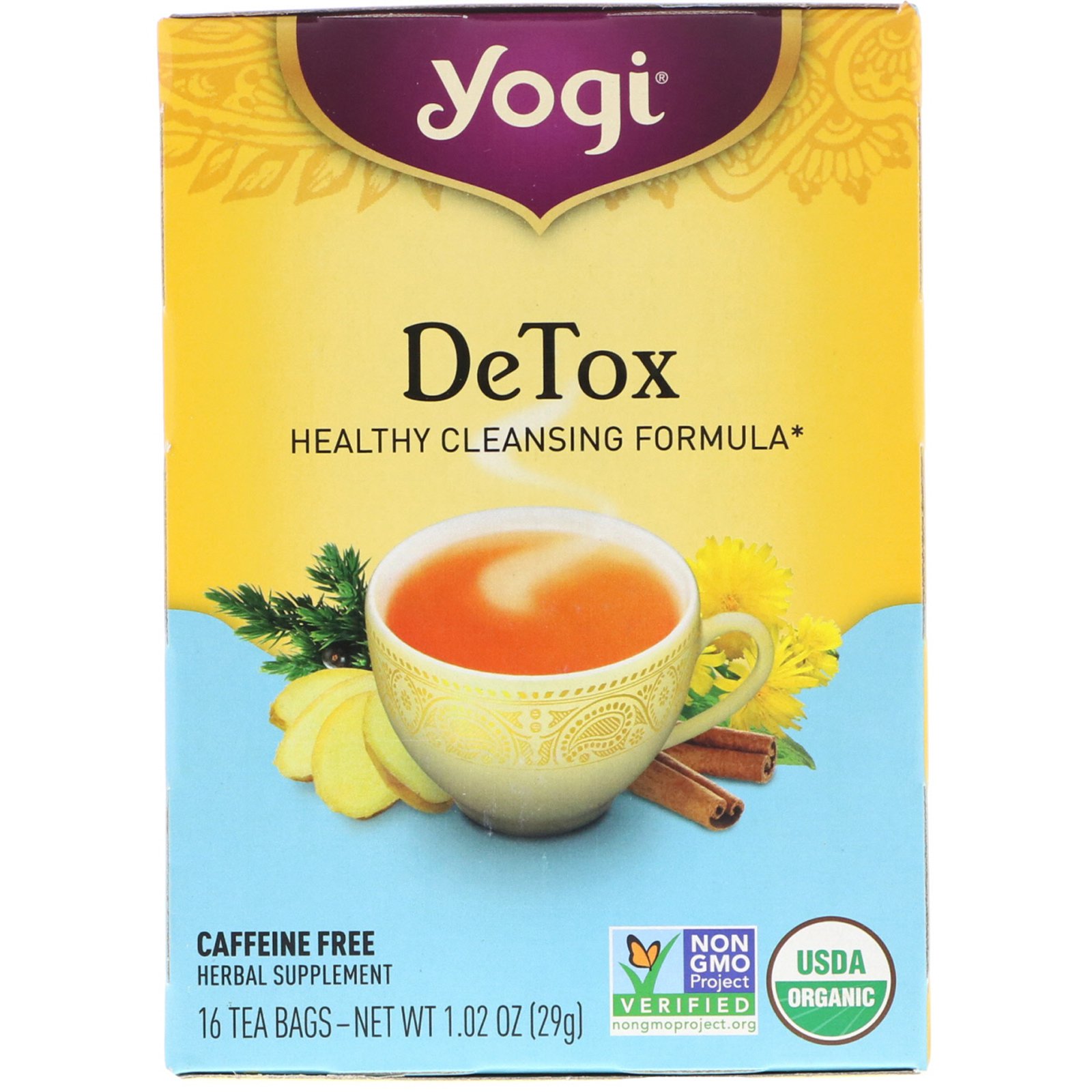 Yogi Tea, Detox, без кофеина, 16 чайных пакетиков, 29 г