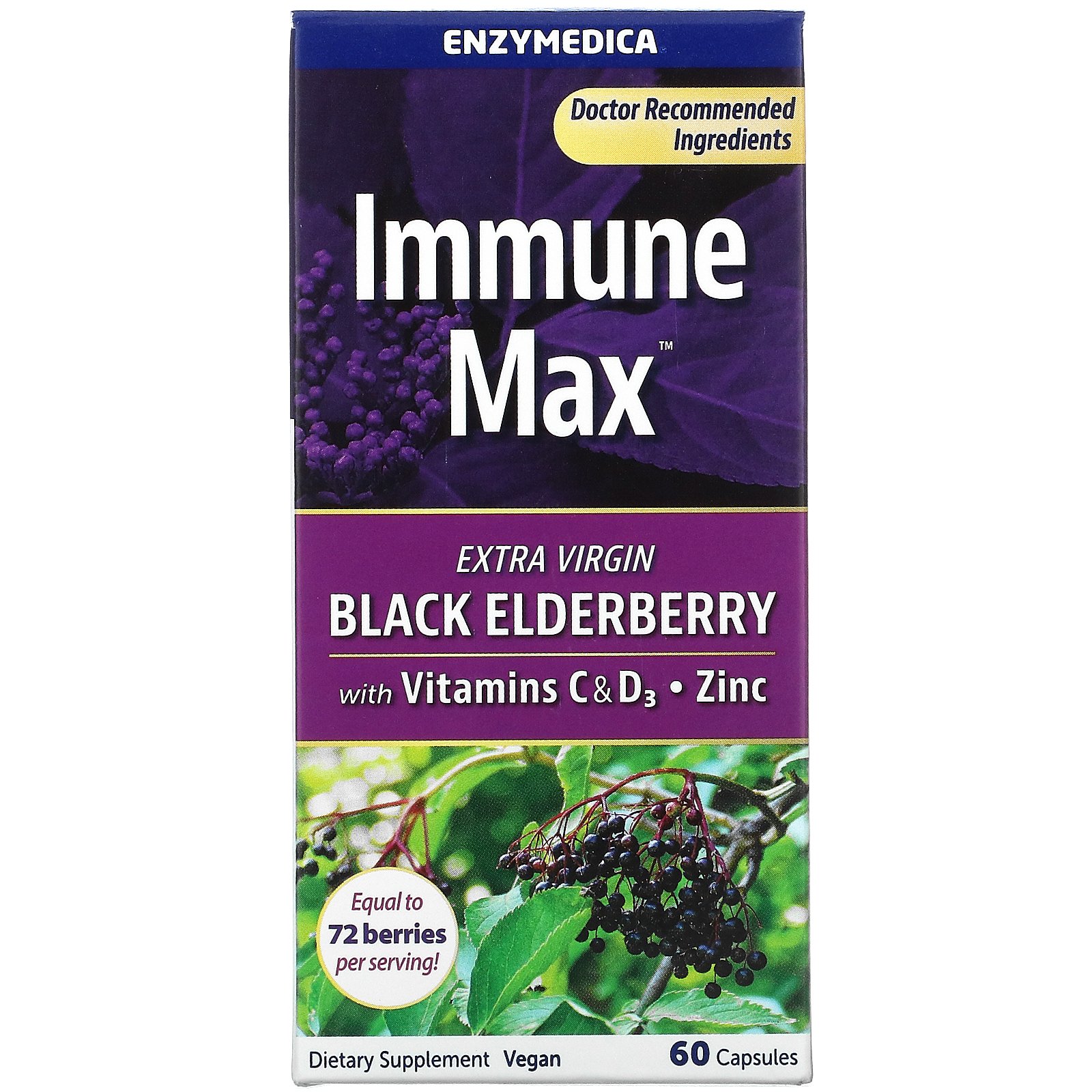 Enzymedica, Immune Max, Black Elderberry with Vitamins C &amp; D3, Zinc, 60 Capsules