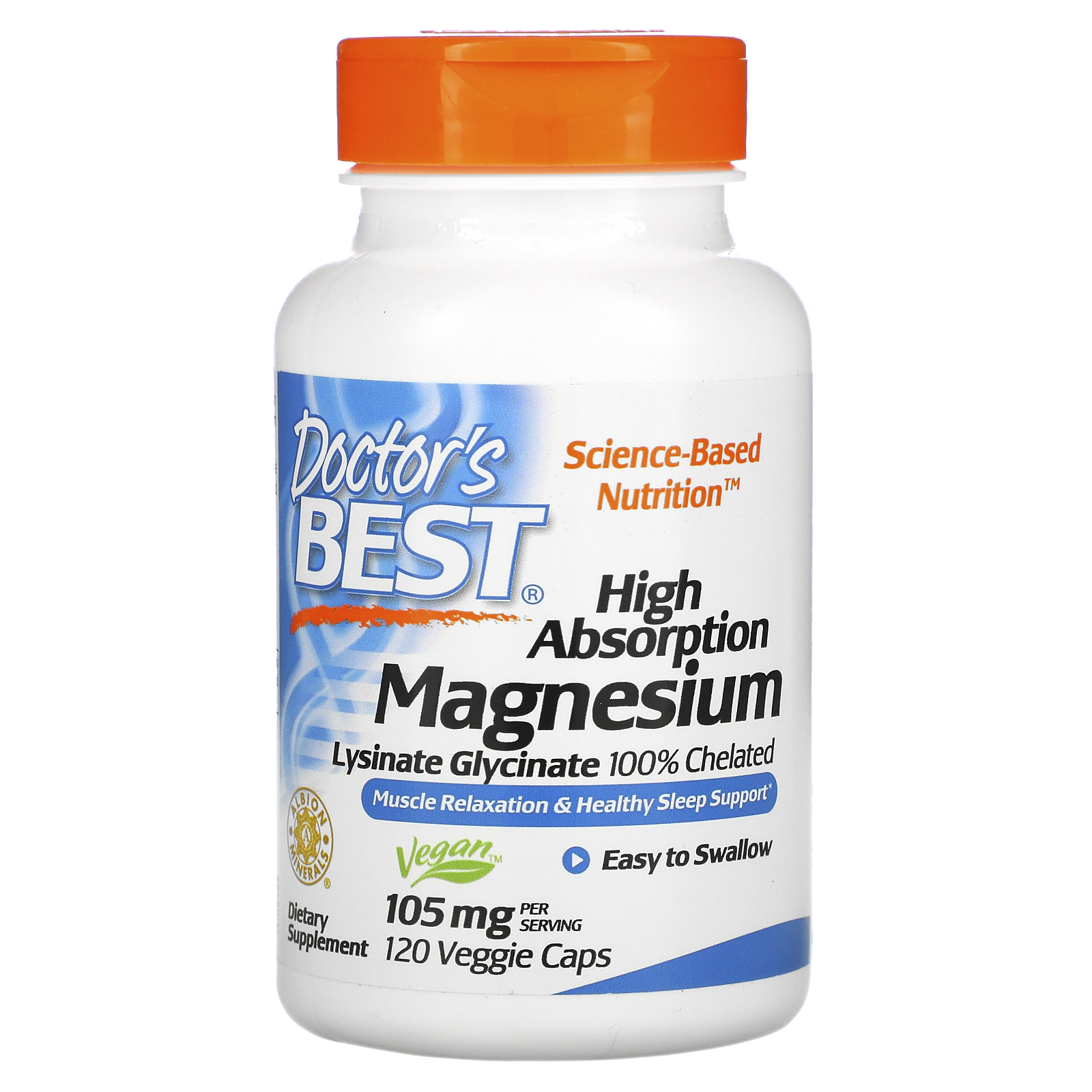 Doctor's Best, High Absorption Magnesium, 100% Chelated with Lysinate Glycinate , 105 mg , 120 Veggie Caps