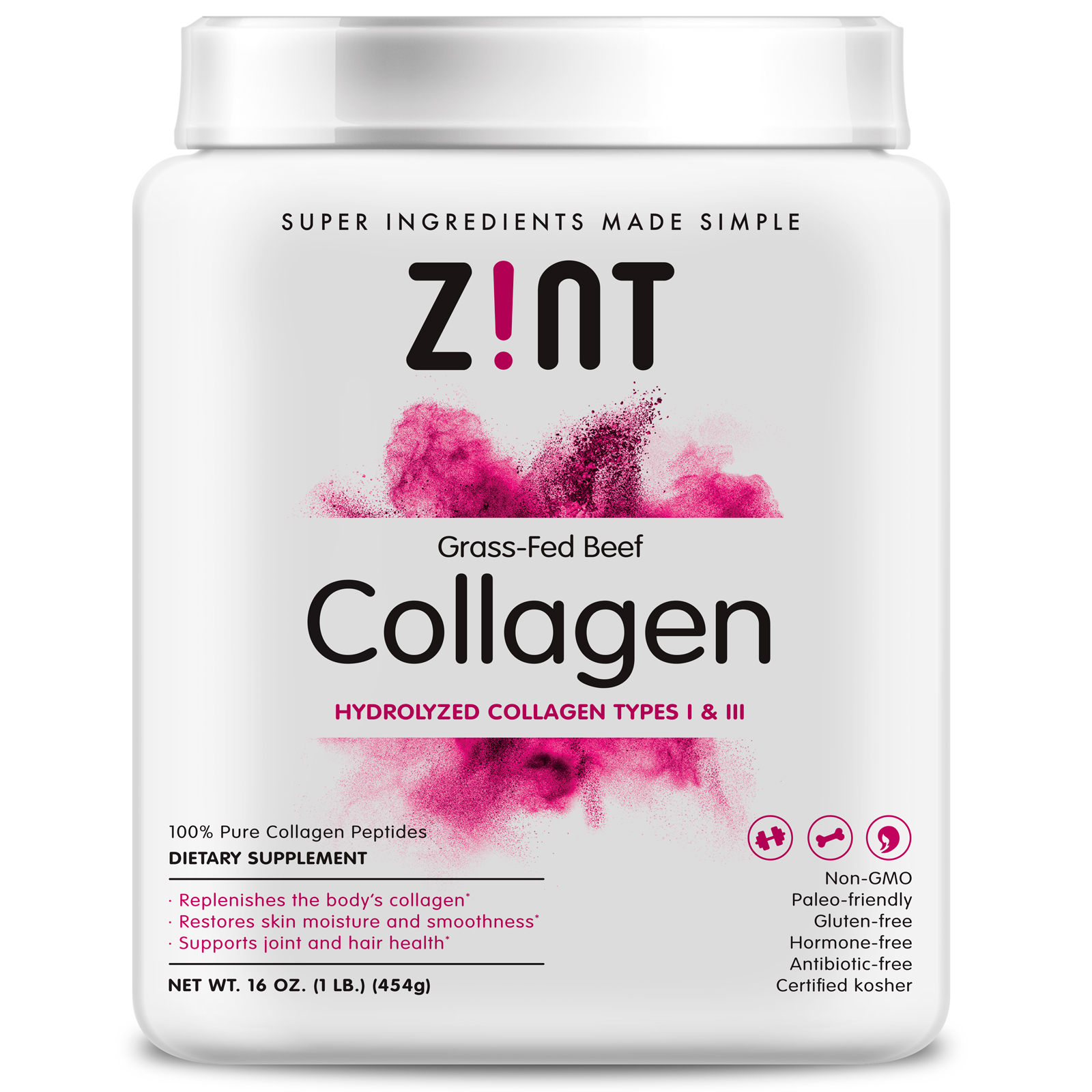 Zint, Grass-Fed Beef Collagen, Hydrolyzed Collagen Types 1 &amp; III, 16 oz (454 g)