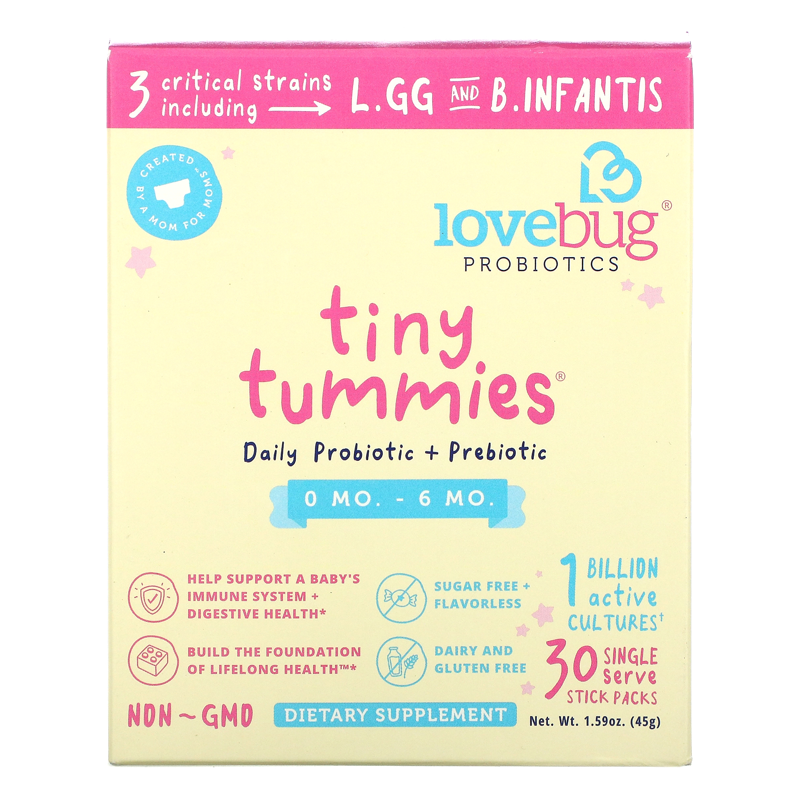 LoveBug, Tiny Tummies, Daily Probiotic + Prebiotic, 0 Mo-6 Mo, 30 Single Serve Stick Packs, 1.59 oz ( 45 g)