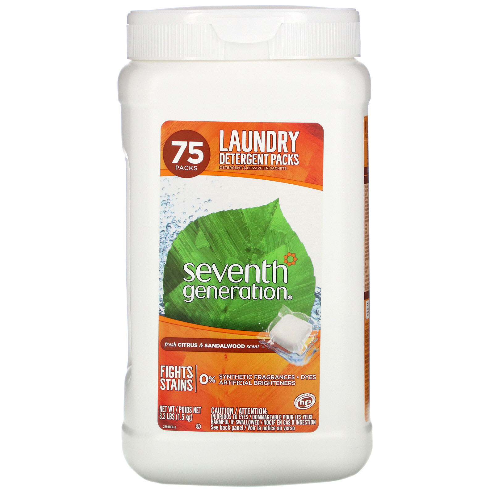 Seventh Generation, Laundry Detergent Packs, Citrus &amp; Sandalwood, 75 Packs, 3.3 lbs (1.5 kg)