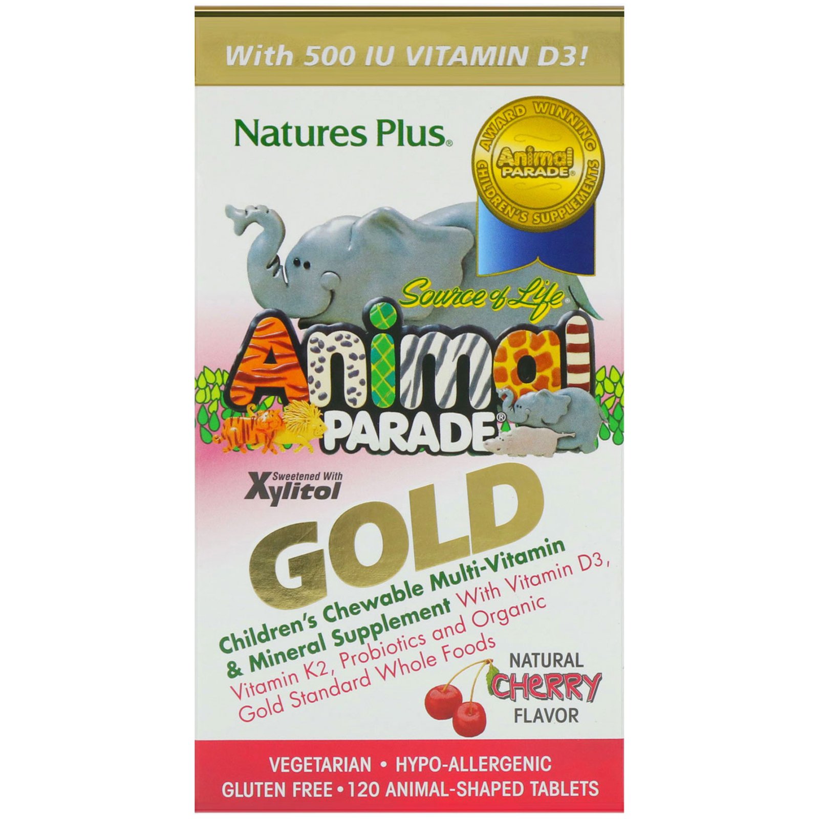 Nature's Plus, Source of Life Animal Parade Gold, Children's Chewable Multi-Vitamin &amp; Mineral Supplement, Natural Cherry Flavor, 120 Animal-Shaped Tablets