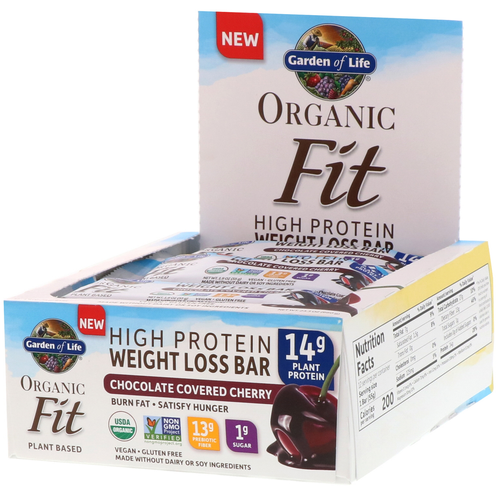Garden of Life, Organic Fit, батончик для потери веса с высоким содержанием белка, вишня в шоколадной глазури, 12 батончиков, по 1,9 каждый