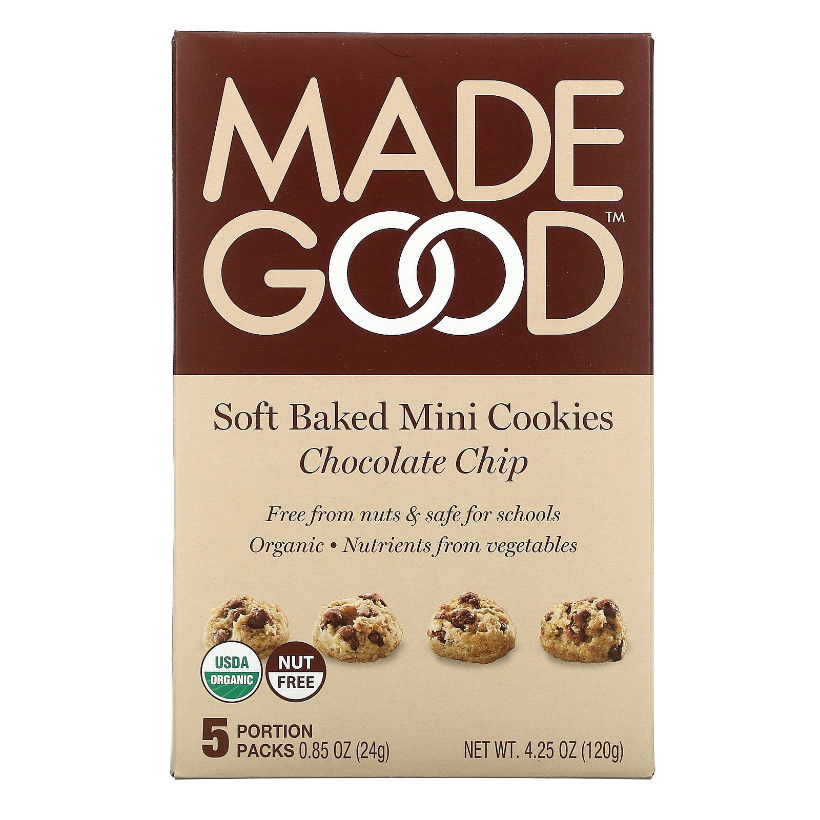 MadeGood, Soft Baked Mini Cookies, Chocolate Chip, 5 Portion Packs, 4.25 oz (120 g)